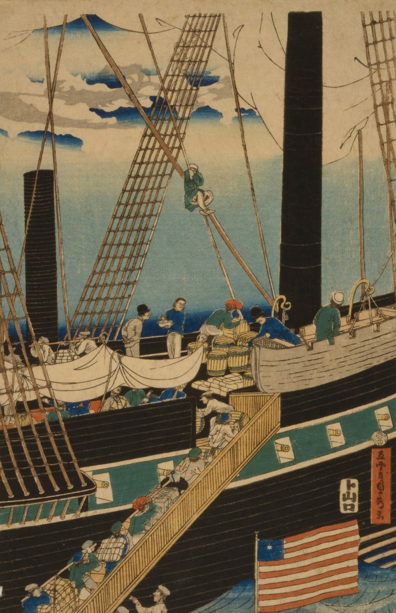 Nyugati kereskedők rakományt Yokohamában, 1861 alkotó: Utagawa Sadahide