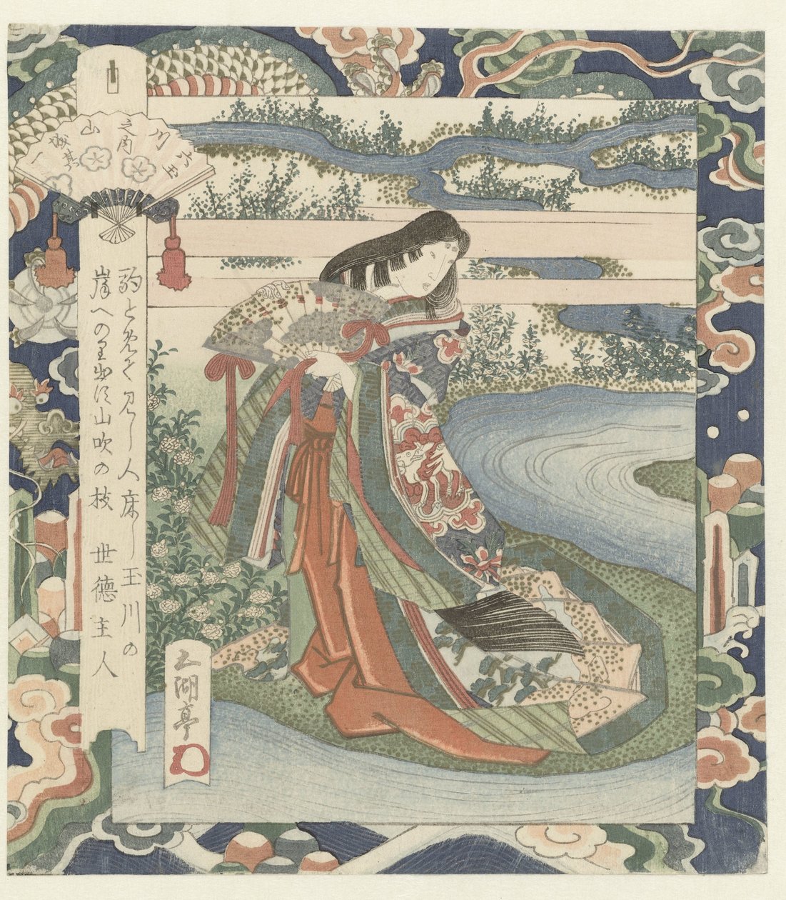 A folyóparton várakozó hölgy Az Ide folyó Yamashiróban, az első számú Yamashiro – sono ichi (cím a tárgyon) The Six Jewel Rivers (sorozat címe) Mutamagawa no uchi (sorozat címe az objektumon) alkotó: Utagawa Sadakage