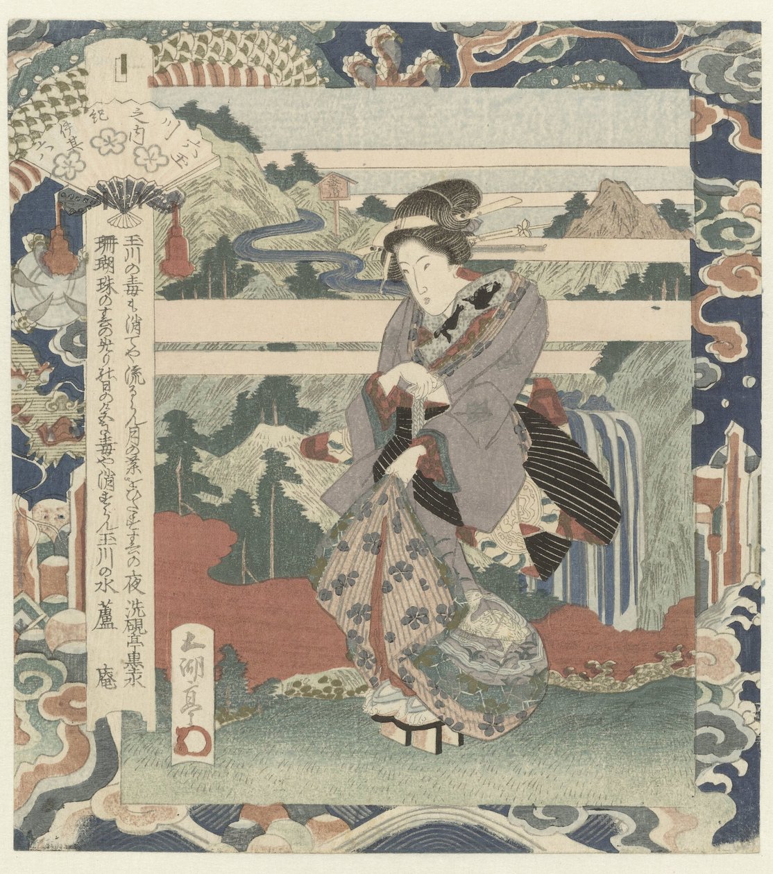 Nő a sziklán A Kôya folyó Kiiben, hatodik szám Kii – sono roku (cím a tárgyon) The Six Jewel Rivers (sorozat címe) Mutamagawa no uchi (sorozat címe az objektumon) alkotó: Utagawa Sadakage