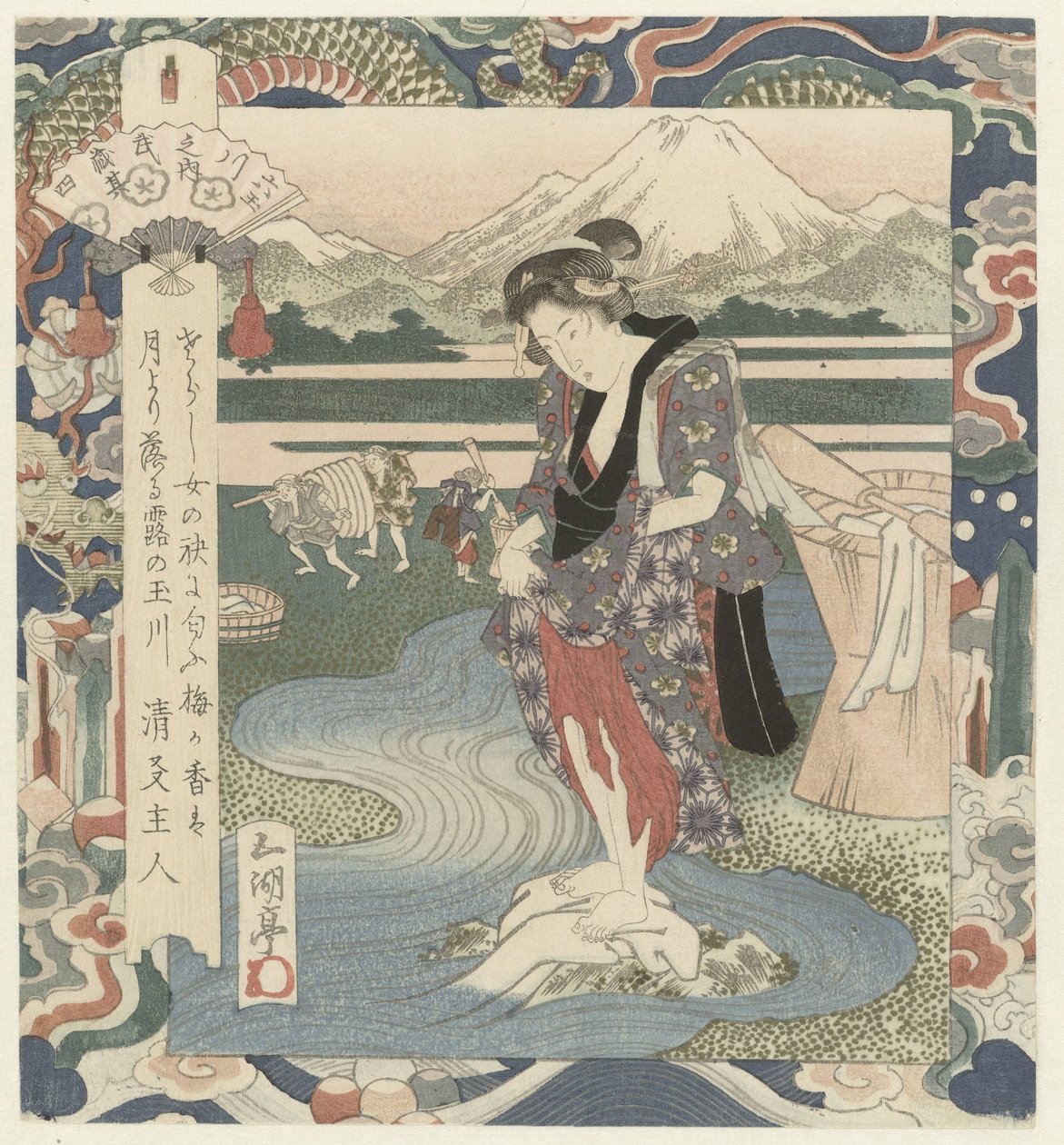 Nő ruhát mos a folyóban A Chôbû folyó Musashiban, a negyedik Musashi – sono yon (cím a tárgyon) The Six Jewel Rivers (sorozat címe) Mutamagawa no uchi (sorozat címe az objektumon) alkotó: Utagawa Sadakage