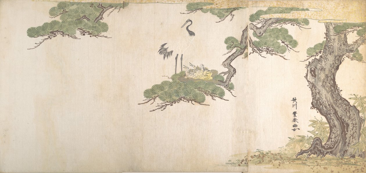 Daru és fiaik fészkükben egy fenyő ágaiban, kb. 1790. alkotó: Utagawa Toyoharu