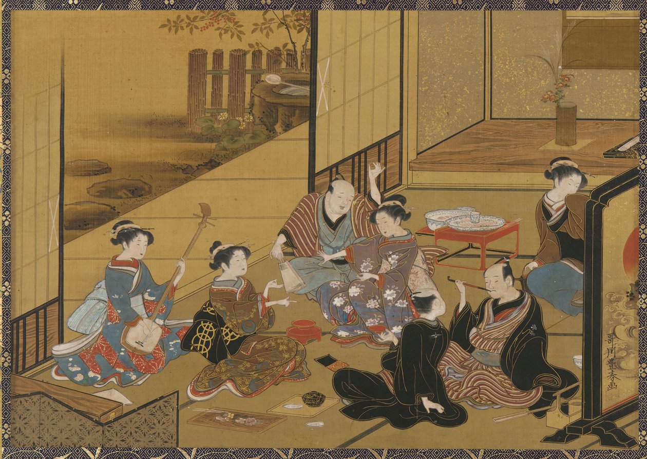 Belső jelenet egy buliról <em>gésával</em> és ügyfelekkel alkotó: Utagawa Toyoharu