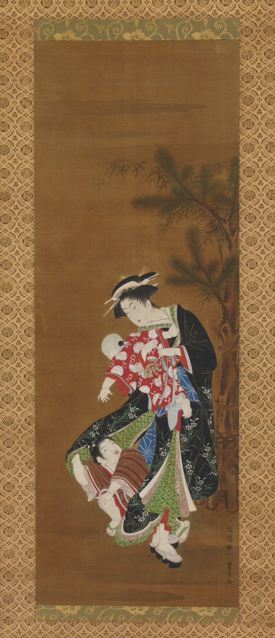 Anya és gyermekei újévkor (tinta és szín a selyemen) alkotó: Utagawa Toyoharu