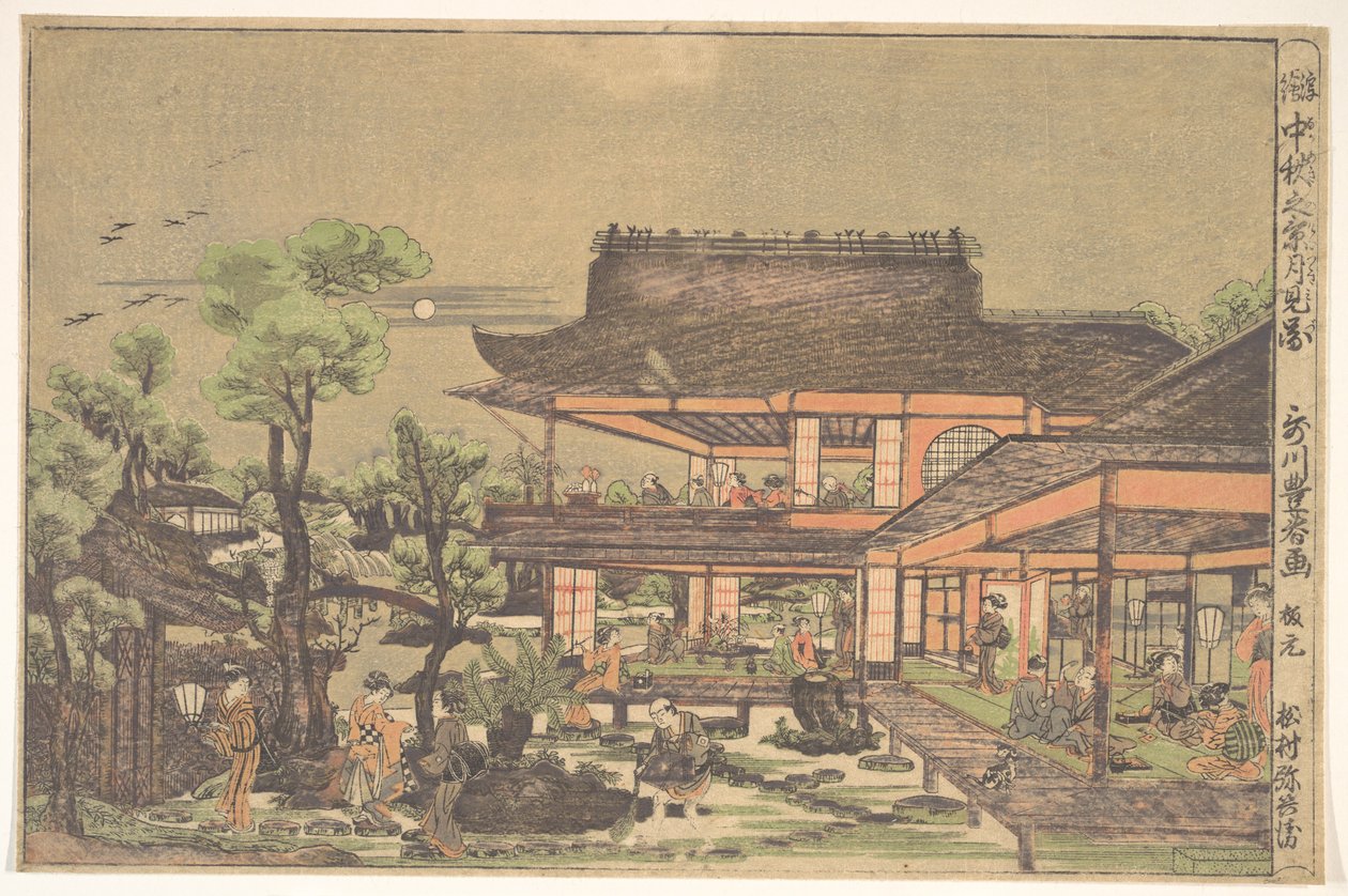 Teaház; jelenet címe: „Holdnézés ősz derekán” alkotó: Utagawa Toyoharu