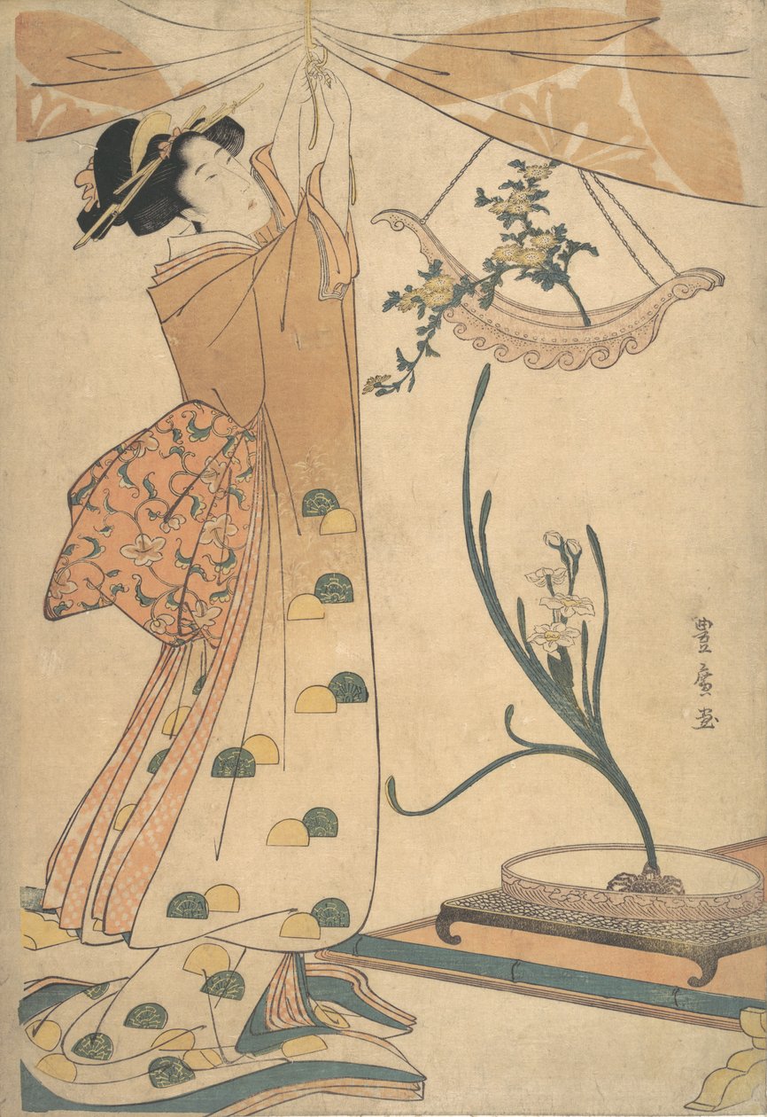 Függönyt kötöző nő, krizantém virágkötészeti csónakban Ha..., kb. 1805. alkotó: Utagawa Toyohiro