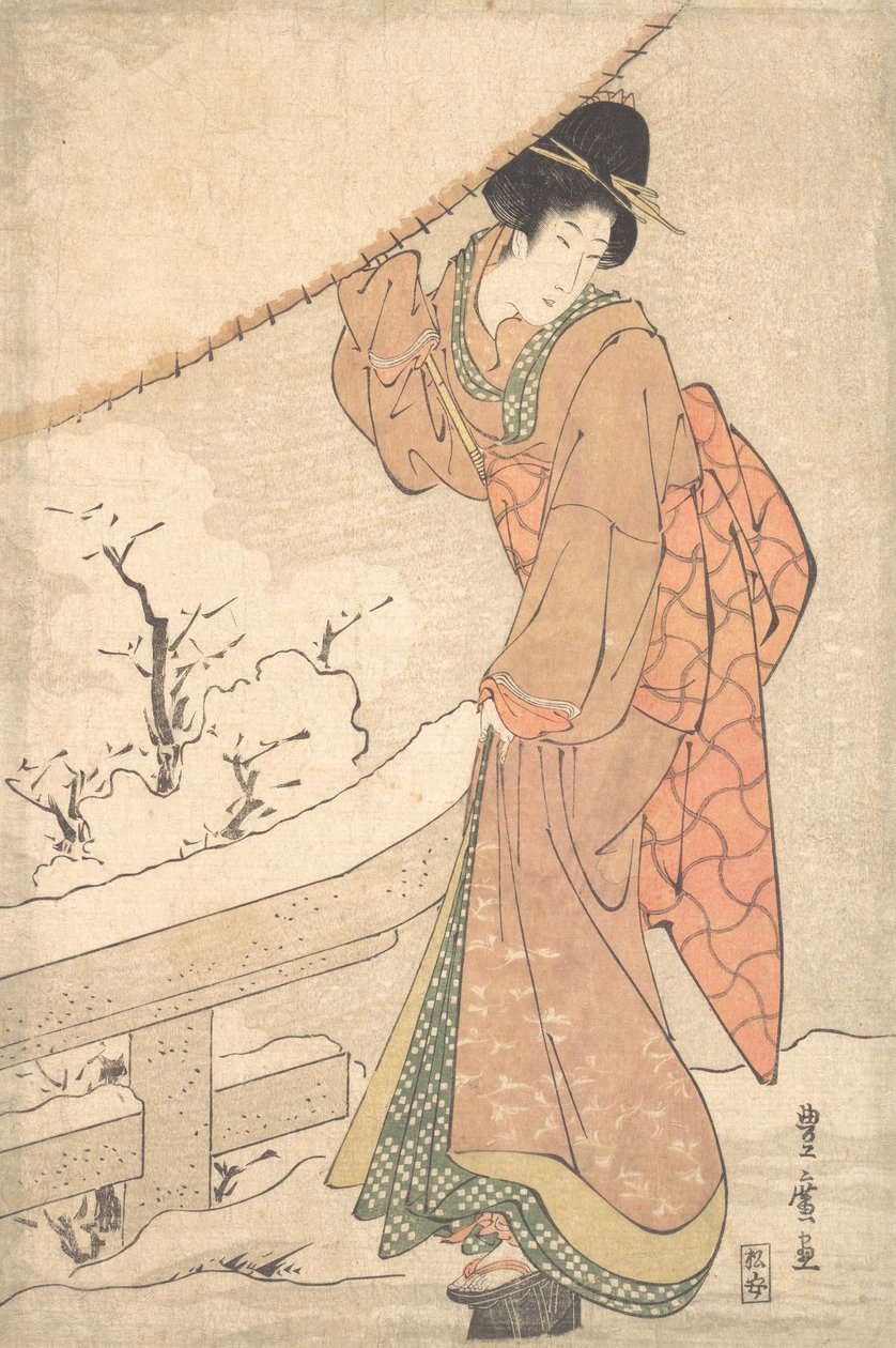 Egy fiatal nő a hóviharban, erősen hóterhelt esernyőt cipelve, kb. 1802.. alkotó: Utagawa Toyohiro
