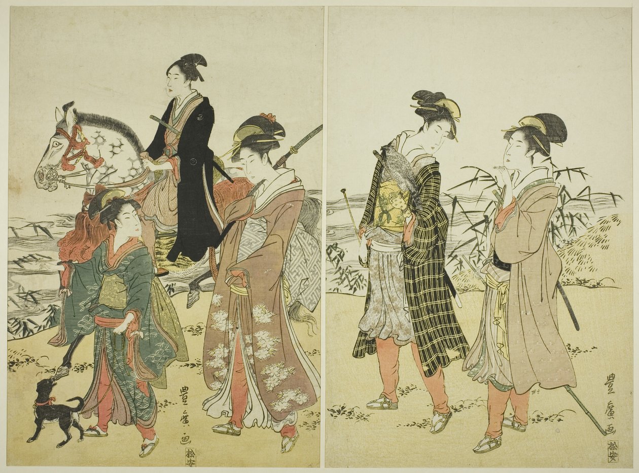 Solymászok pártja a folyó közelében alkotó: Utagawa Toyohiro