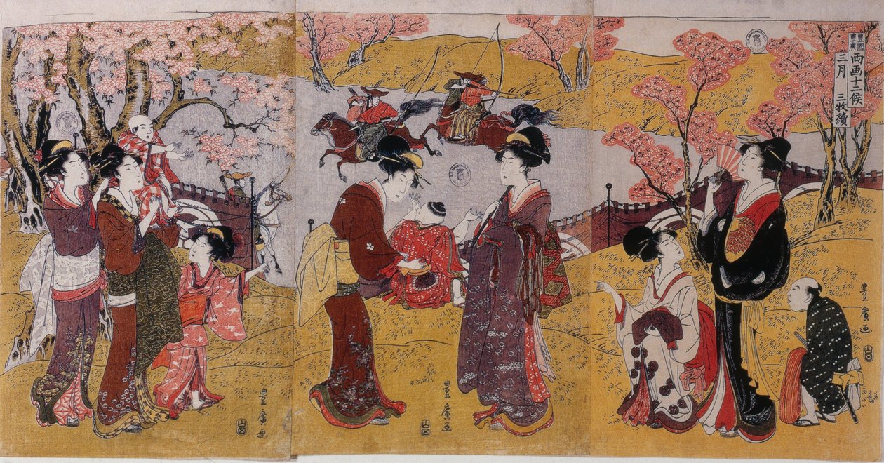 A harmadik hónap, Triptichon a két művész tizenkét hónapja című sorozatából, 1801 alkotó: Utagawa Toyohiro