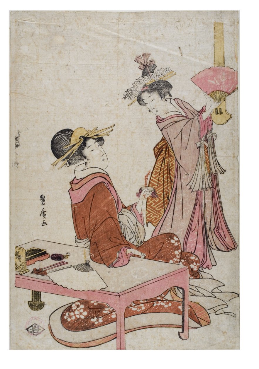 Két női figura rajongókkal alkotó: Utagawa Toyohiro