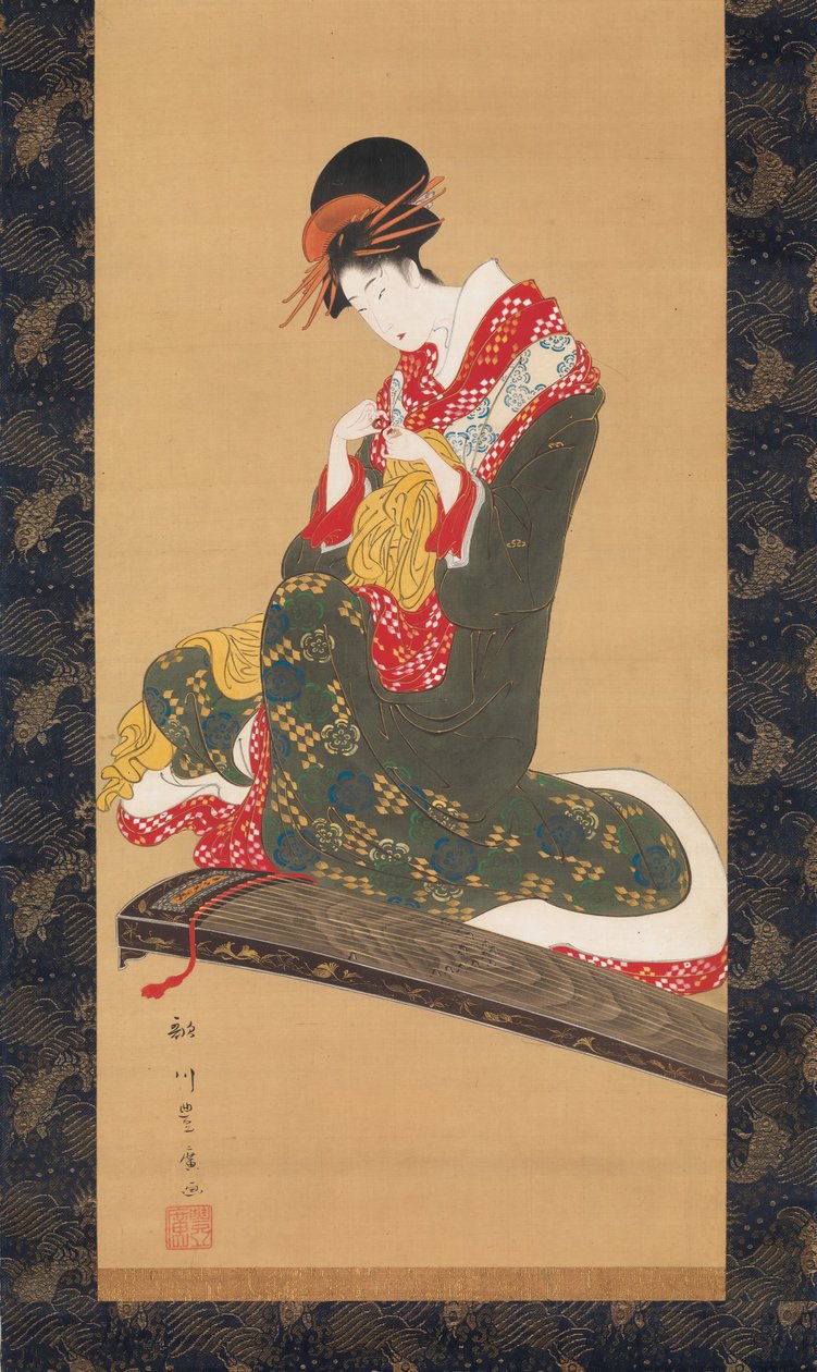 A nő, aki az ujjal placrums -ot helyezi a Koto játékához, a 19. század elején. alkotó: Utagawa Toyohiro