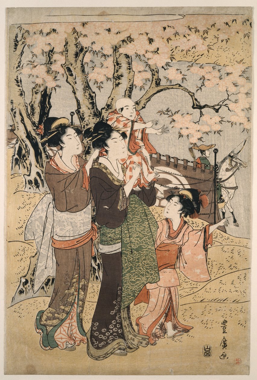 Nők és gyerekek íjászatot néznek márciusban alkotó: Utagawa Toyohiro