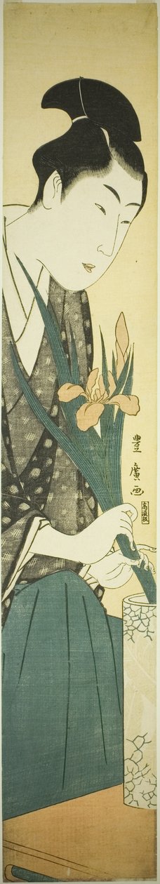 Fiatal férfi íriszeket rendez egy vázában alkotó: Utagawa Toyohiro