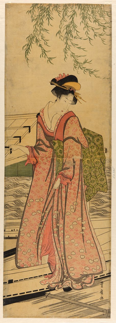 Fiatal nő kilép a csónakból alkotó: Utagawa Toyohiro