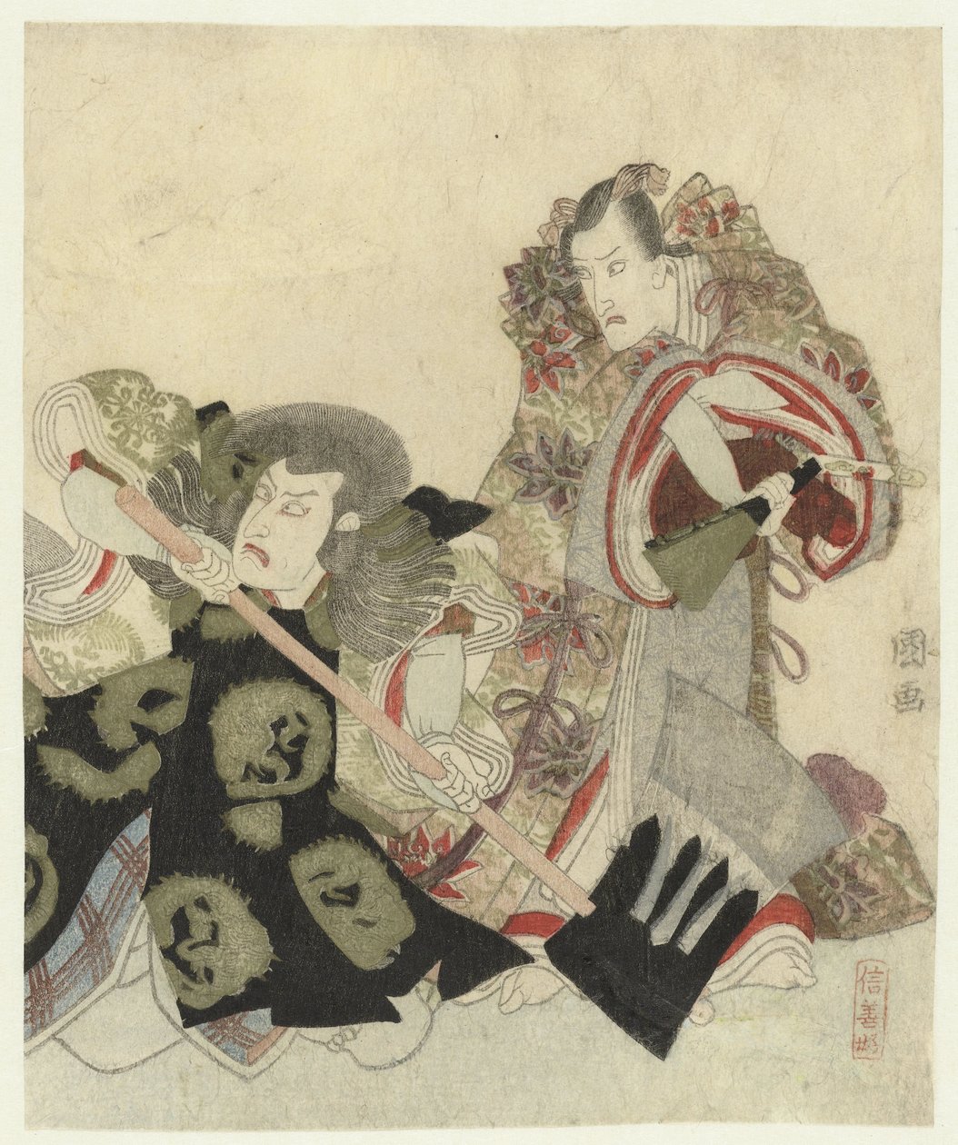 Ichikawa Danjûrô VII Yoshimune no Munesadaként rajongóval és Ichikawa Omezô Sekibei szerepében baltával alkotó: Utagawa Toyokuni (I)