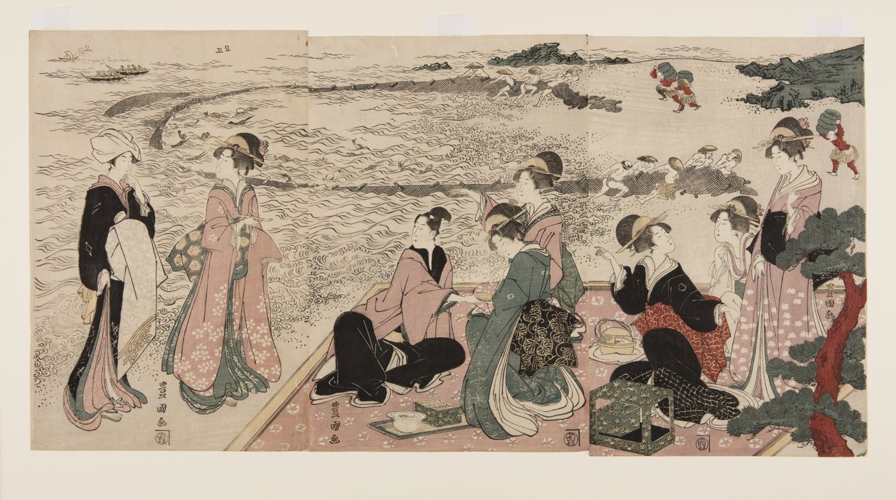 Piknik a tengerparton (színes fatömb nyomat) alkotó: Utagawa Toyokuni