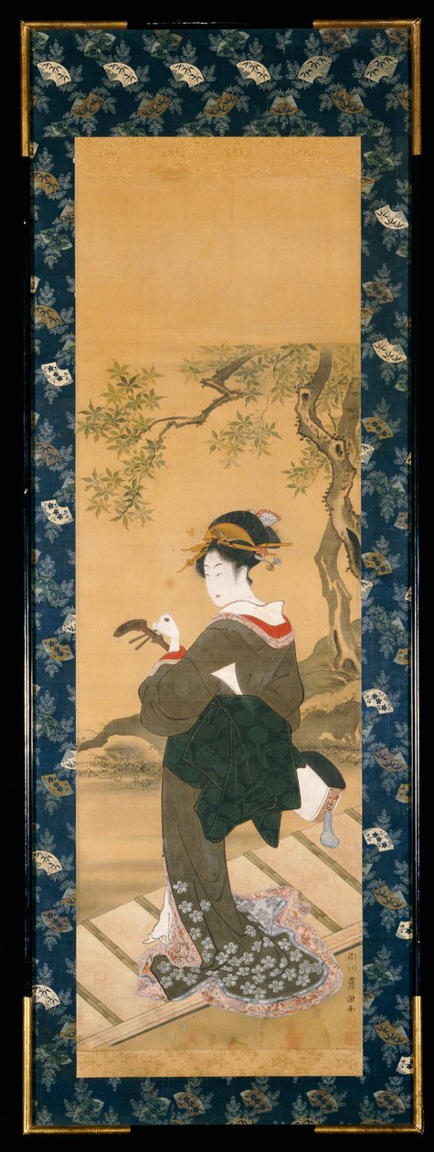 Egész alakos portré egy nőről, aki a shamisenét hangolja a verandán (sumi, gofun és színes selyemen); alkotó: Utagawa Toyokuni