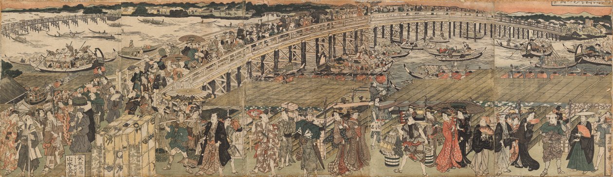 Lehűlés az edói Ryōgoku hídnál, egy pentaptichon alkotó: Utagawa Toyokuni