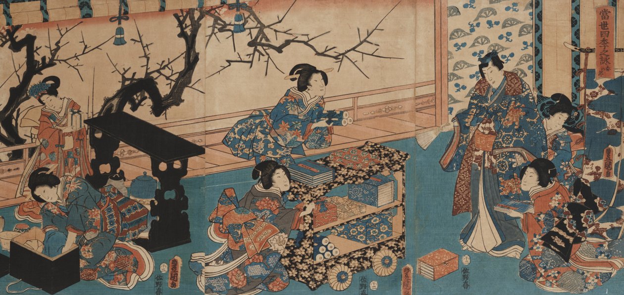 Felkészülés a tavaszi versolvasásra (falap a táblára szerelve) alkotó: Utagawa Toyokuni