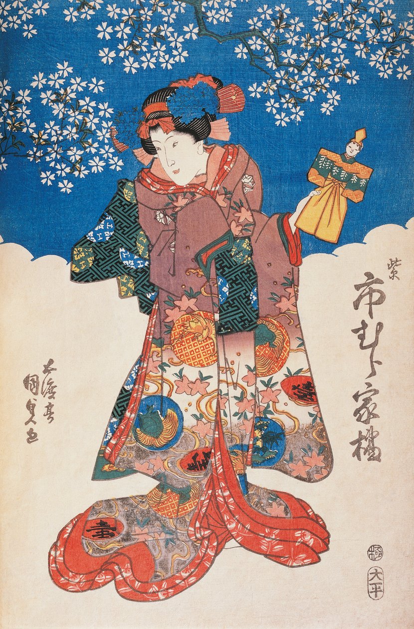 Nő kimonóban, bábu és almavirággal díszített háttér, Utagawa Toyokuni, fametszet alkotó: Utagawa Toyokuni