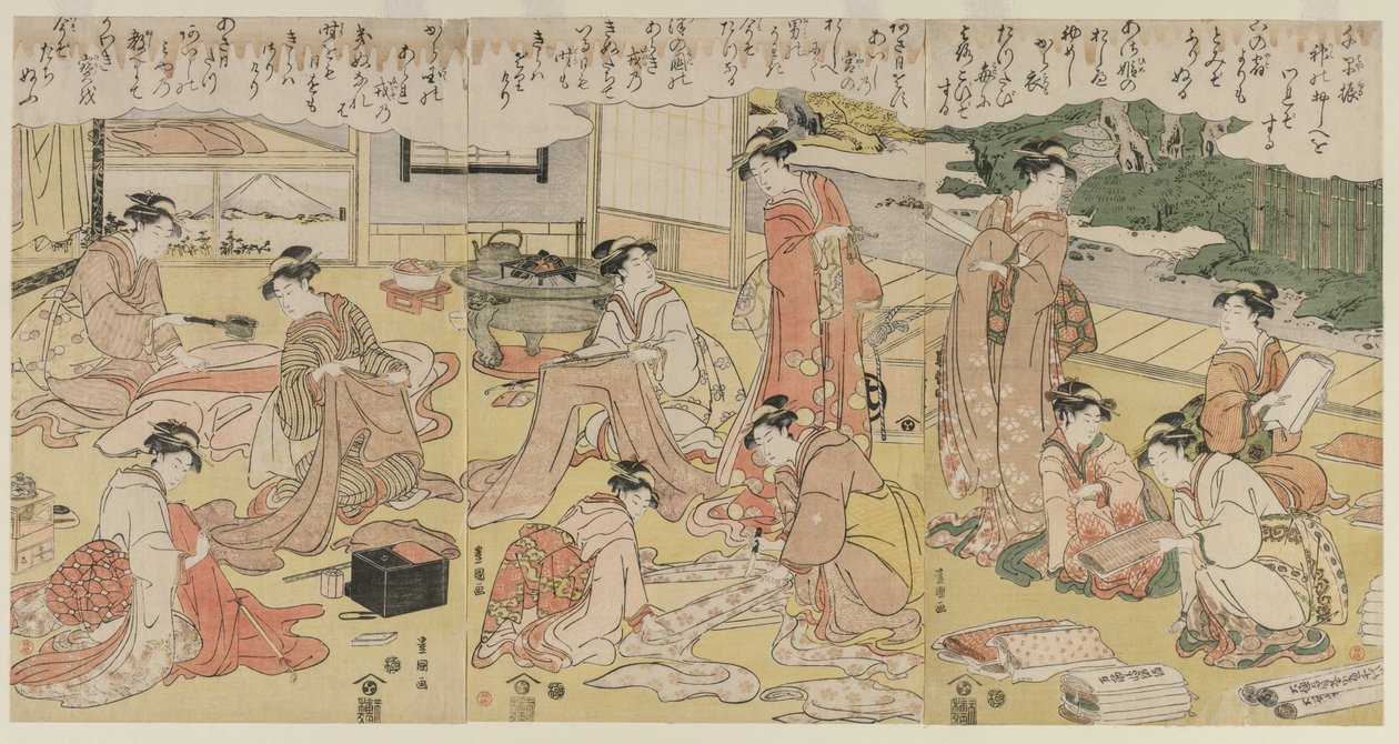 Ruházat készítő nők alkotó: Utagawa Toyokuni
