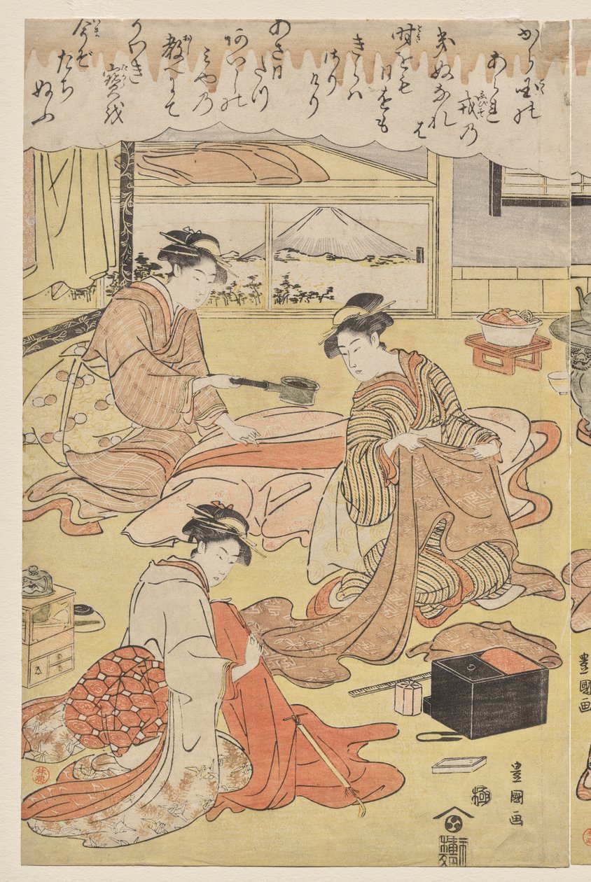 Ruházat készítő nők alkotó: Utagawa Toyokuni
