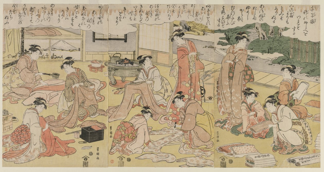 Ruházat készítő nők, 1790-es évek eleje. alkotó: Utagawa Toyokuni