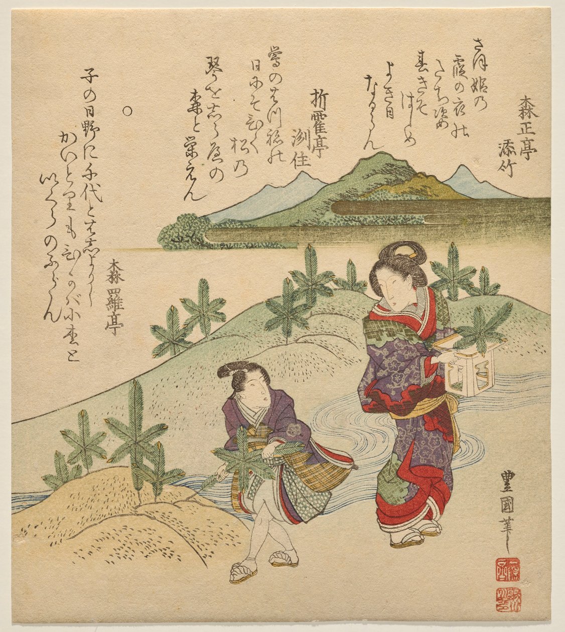 Fiatal pár újév gyűjtése alkotó: Utagawa Toyokuni II
