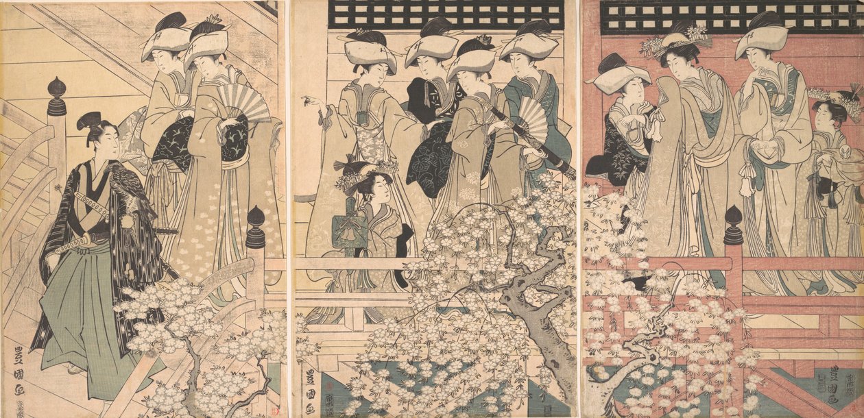 Szépségek a verandán cseresznyevirágok között, ahonnan szamuráj indul, kb. 1800. alkotó: Utagawa Toyokuni I