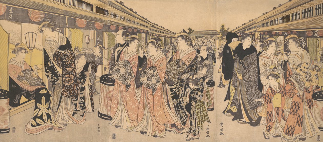 Az udvarhölgyek sétálnak a Nakanochón Yoshiwarában, kb. 1795. alkotó: Utagawa Toyokuni I