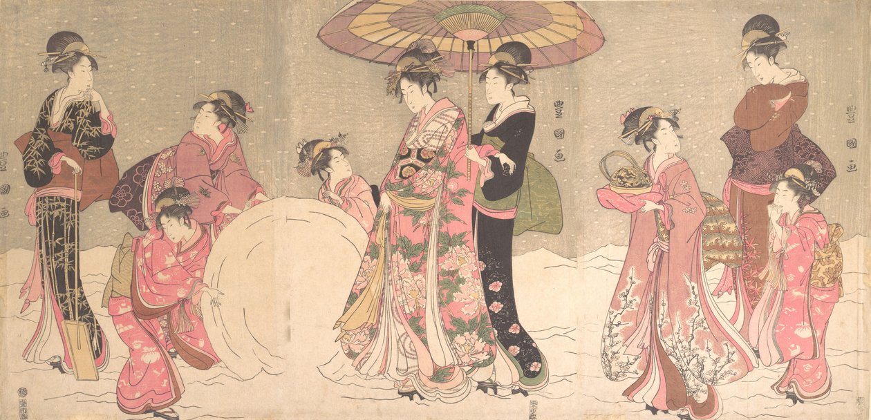 Az udvarhölgyek és kísérők óriási hógolyót készítenek, kb. 1796. alkotó: Utagawa Toyokuni I