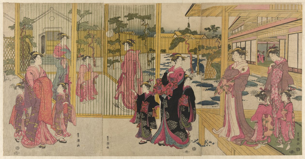 A Chojiya udvarhölgyei és kísérőik kemarit játszanak alkotó: Utagawa Toyokuni I