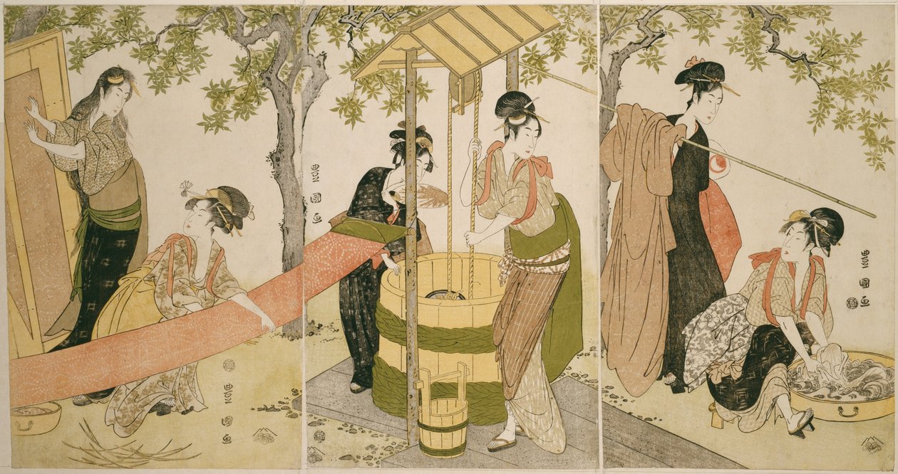 Mosás a kútszegély mellett (Idobata no sentaku to araihari) alkotó: Utagawa Toyokuni I