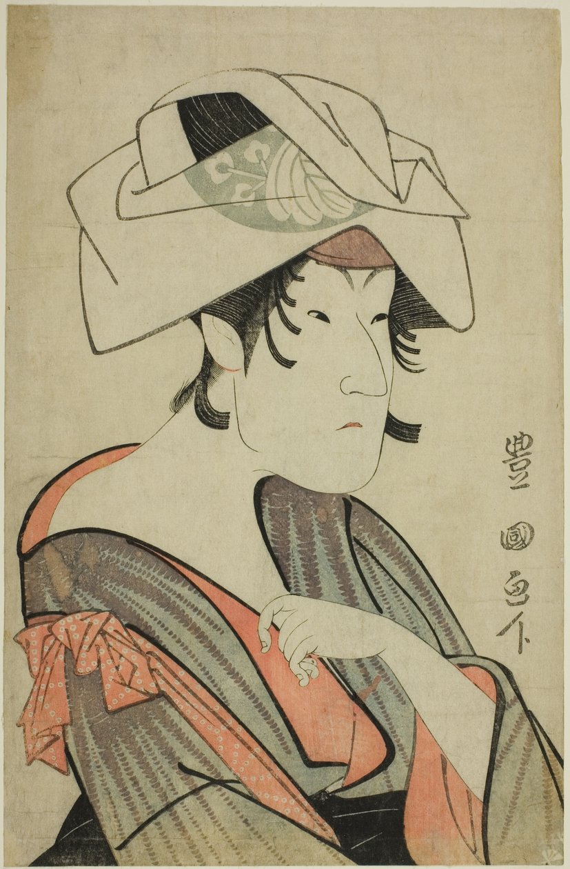 Nakayama Tomisaburo. Törülközőt viselő nőnek öltözve a fején alkotó: Utagawa Toyokuni I