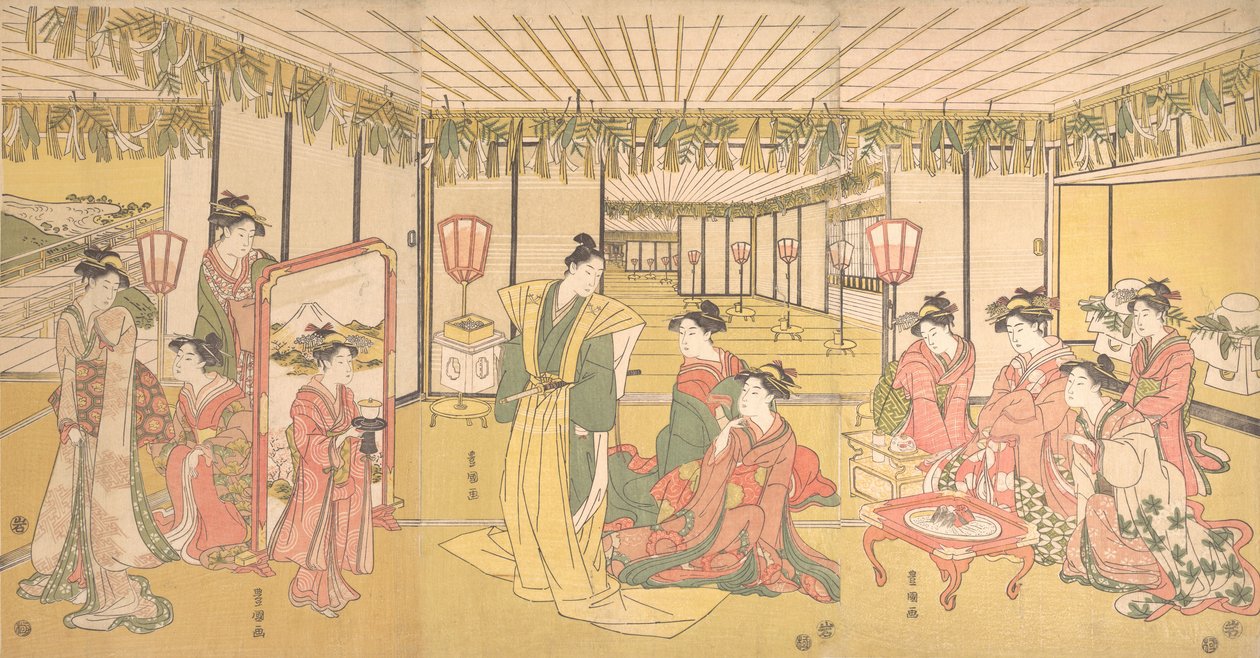 Újévi ünneplés egy nagy kastélyban, kb. 1791. alkotó: Utagawa Toyokuni I