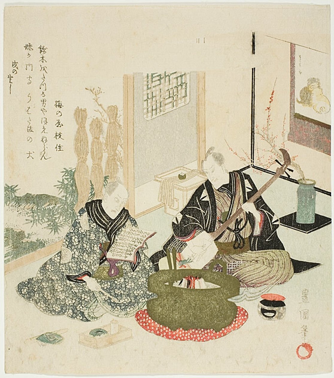 Olvasás és Shamisen játék télen alkotó: Utagawa Toyokuni I