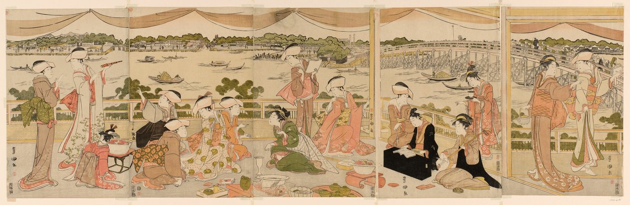 Előadás a Sumida folyóra néző verandán alkotó: Utagawa Toyokuni I