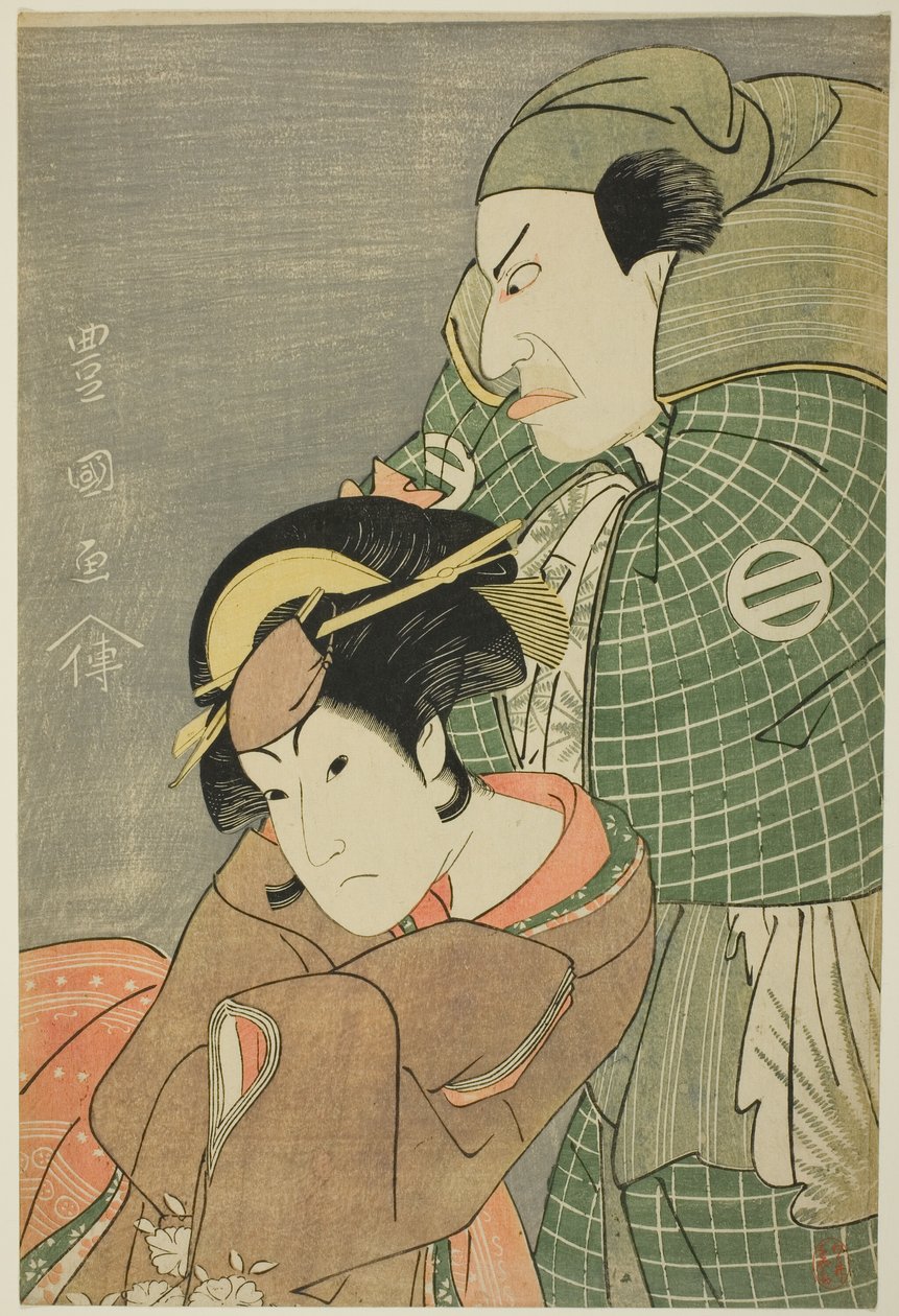 Kataoka Nizaemon VII, mint Iyo no Taro és Iwai Hanshiro IV, mint Okazaki Kojoro-gitsune a "Seiwa Nidai Oyose Genji" című darabban, amelyet a Miyako Színházban mutattak be 1796 tizenegyedik hónapjában. alkotó: Utagawa Toyokuni I