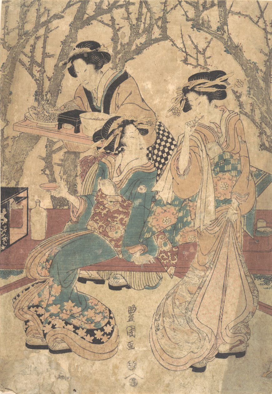 Három nő vacsorázik egy csoport fák előtt. alkotó: Utagawa Toyokuni I