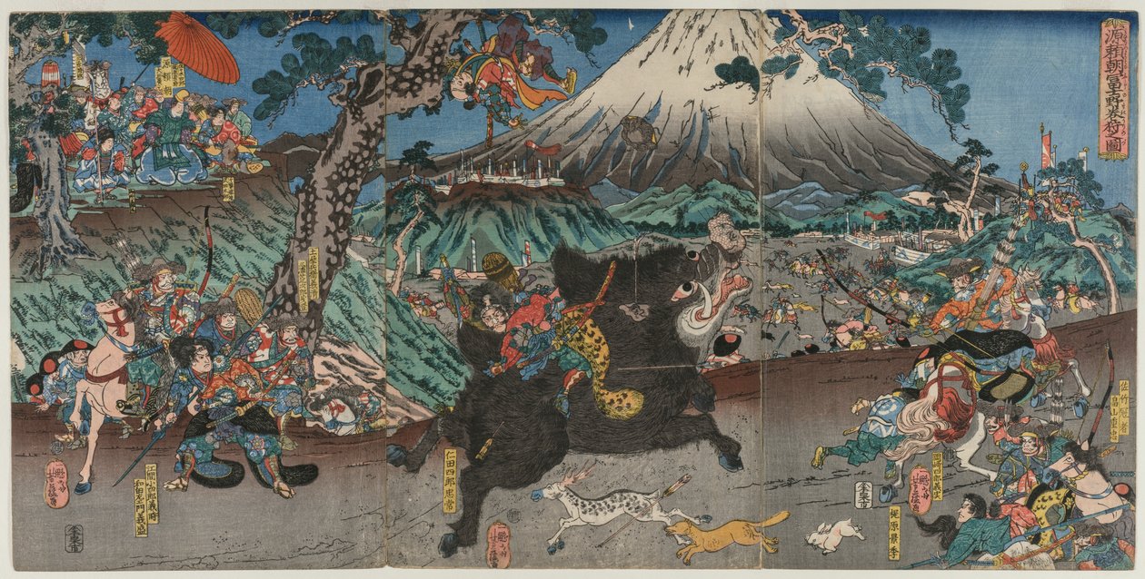 Minamoto no Yoritomo vadászat képe a Fuji-hegy lejtőin alkotó: Utagawa Yoshifuji