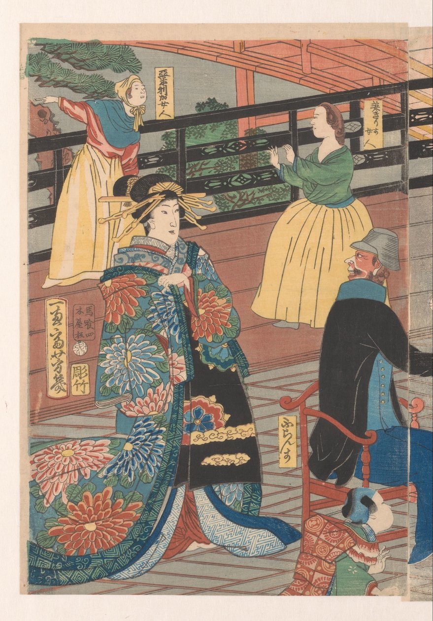 Külföldiek egy italozás közben a Gankiro teaházban alkotó: Utagawa Yoshiiku
