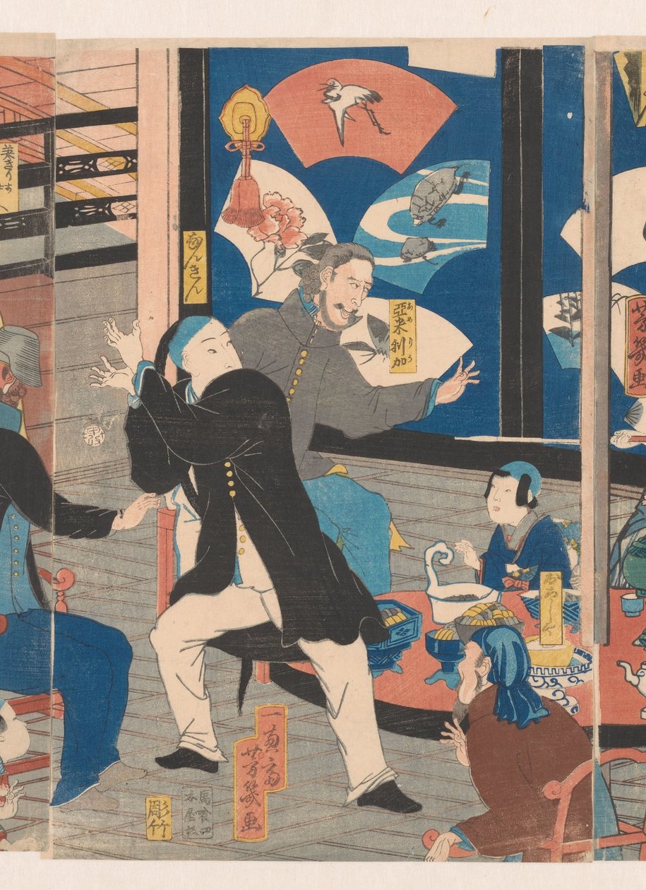 Külföldiek egy italozás közben a Gankiro teaházban alkotó: Utagawa Yoshiiku