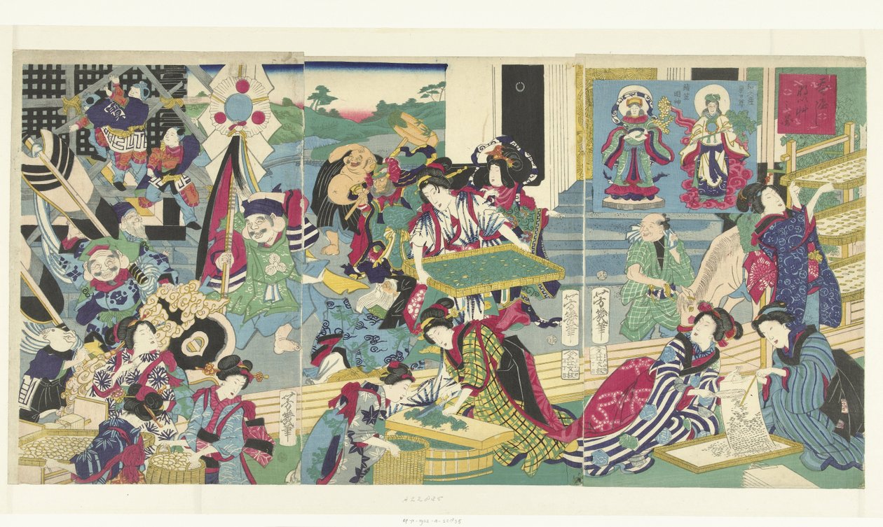 A hét szerencsés isten a selyemhernyó-tenyésztésben alkotó: Utagawa Yoshiiku