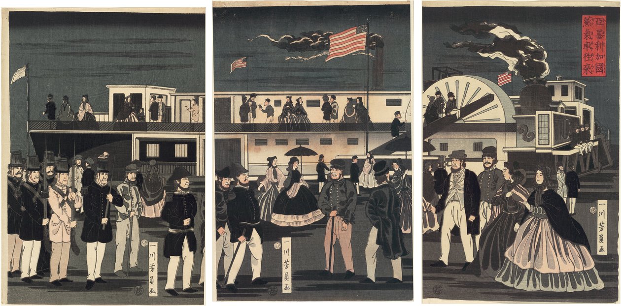 Egy amerikai gőzhajó érkezése és indulása (Amerikakoku jokisha orai) alkotó: Utagawa Yoshikazu