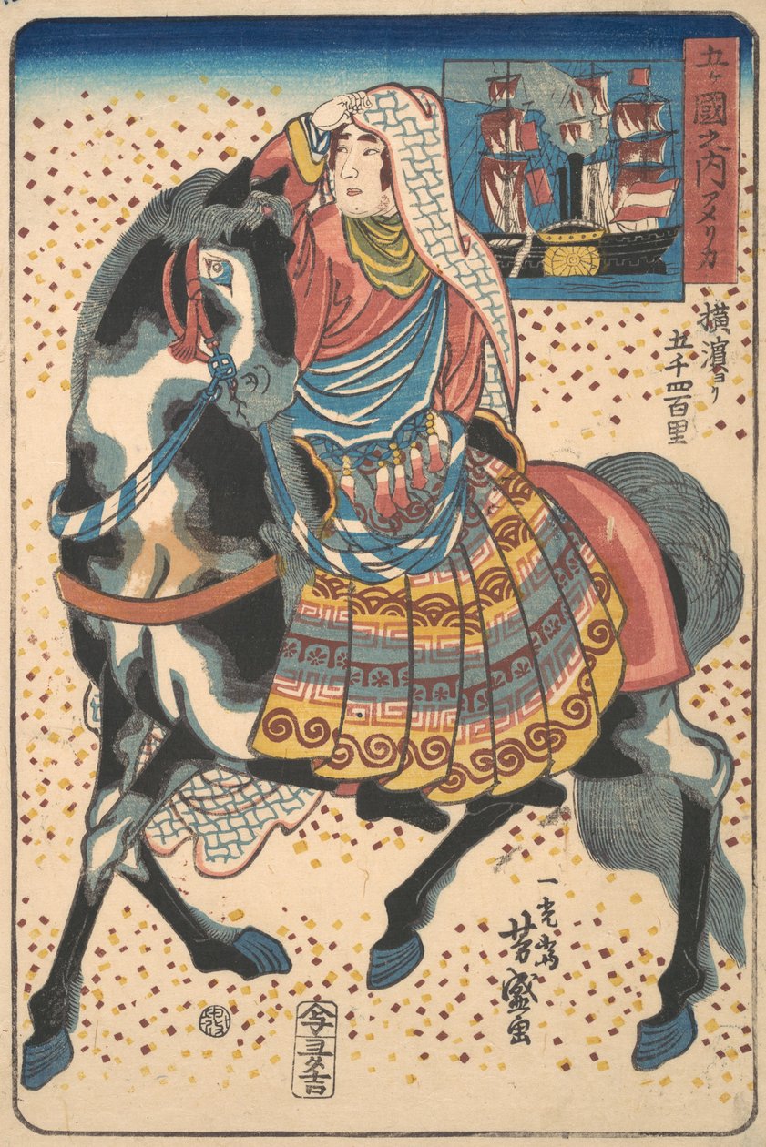 Lovas amerikai nő, 12. hónap, 1860. alkotó: Utagawa Yoshimori