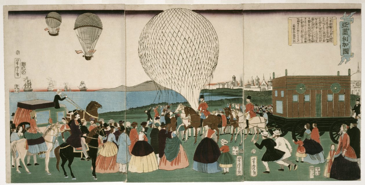 Légballonozás Amerikában, kocsma. 1865 (kézzel színezett fametszet) alkotó: Utagawa Yoshitora