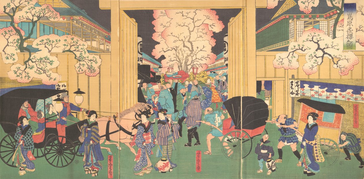 Cherrys at Night at New Shimabara, 19. század. alkotó: Utagawa Yoshitora