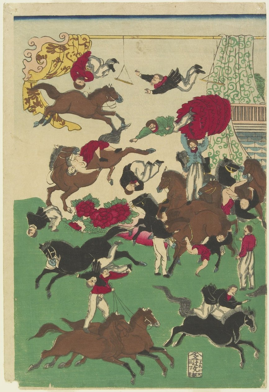 Cirkuszi mutatványok, 19. század (színes fatömbnyomat) alkotó: Utagawa Yoshitora