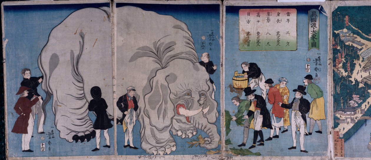 Külföldiek elefánttal (színes fatömbnyomat) alkotó: Utagawa Yoshitora