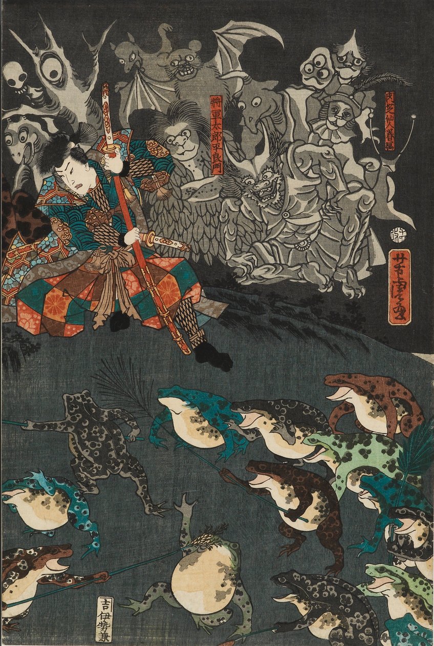 Nikushi, a békaszellem varázslatos békacsatát idéz elő Tateyamában, Etchu tartományban, 1864 alkotó: Utagawa Yoshitora