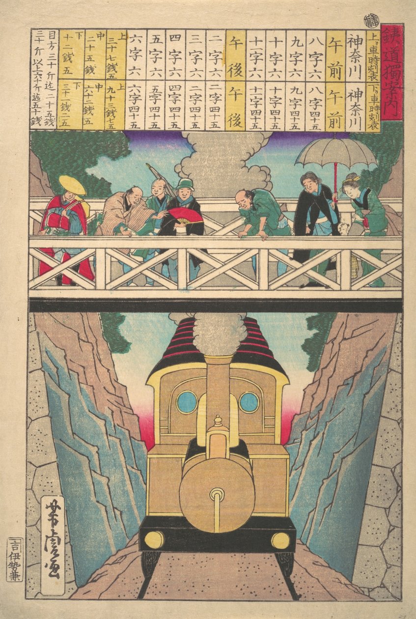 Magányos utazó kalauz a vasúthoz, 19. század. alkotó: Utagawa Yoshitora